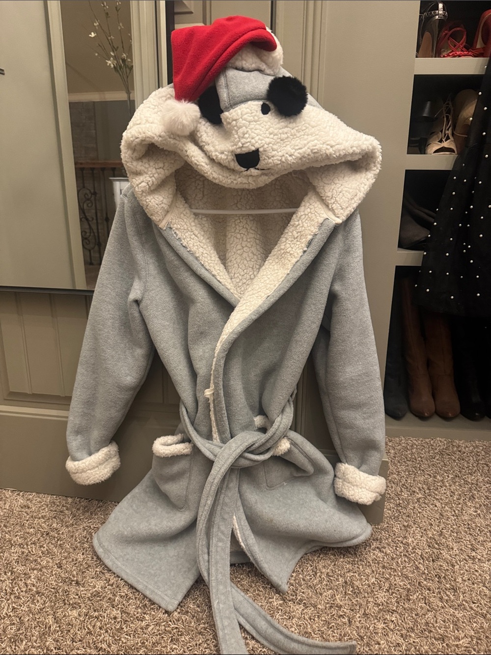Cozy Light Gray Sherpa-Lined Hooded Robe with Bear Ears